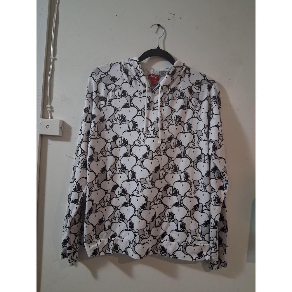 Peanuts Snoopy All Over Print Hoodie White Black Pullover Small RN17363